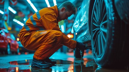 Technician inspecting tire pressure in a well-lit service bay, [car service station]