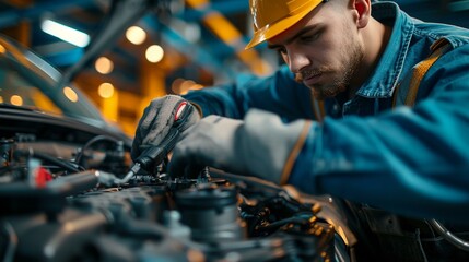 Close-up of a skilled mechanic using diagnostic tools on a vehicle, [car service station]
