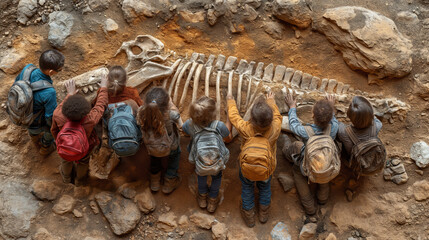 kids in a school trip discovering big dinosaur skeleton burried in sand