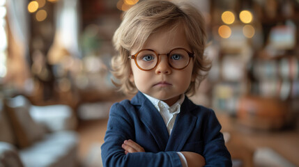 cute businessbaby with glasses in navy blue suit crossing arms