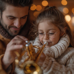 talented adorable girl with glasses playing the trumpet for her music teacher