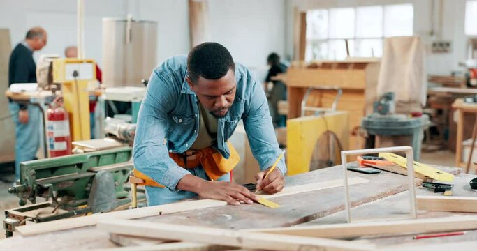 Carpenter, wood and measure with black man in workshop for manufacturing, planning and building. Hardware, remodeling and maintenance with person in small business for timber, factory and production