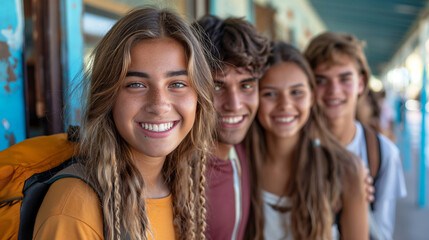 Fototapeta premium group of young students going on a trip, being happy and smiling