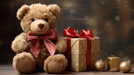 a brown teddy bear with gift box