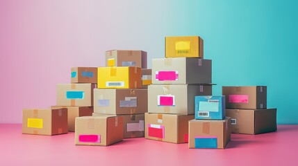 stacked boxes adorned with playful shipping labels