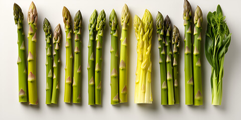 Fresh asparagus spears bundled together, their tips pointing upwards against a stark white scene