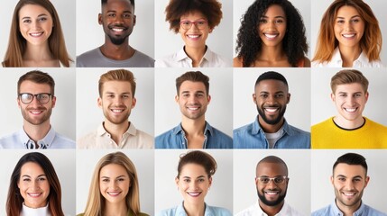 Diverse Group of Smiling People Headshots on White Background.