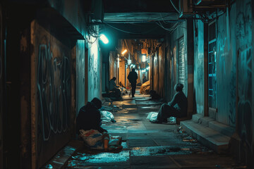 Dark dangerous alley with homeless people