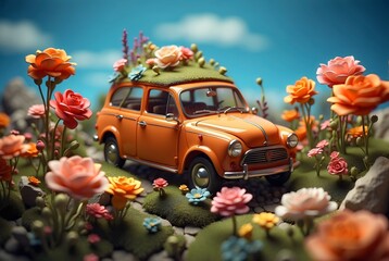 flowers in the car"Tiny Wonders: Miniature car in a Surreal Garden of Giant Blooms"