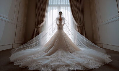 Beautiful bride in a white wedding dress with a veil in the room