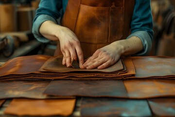 Expert female tailor crafting with precision, hands skillfully working on natural leather, creating bespoke leather goods.