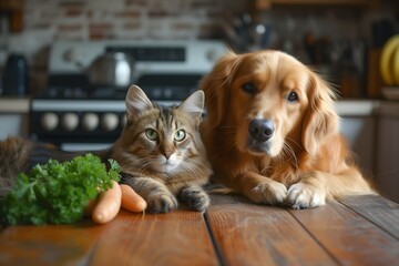 Domestic bliss captured as a dog and cat enjoy their meal side by side in the cozy ambiance of a kitchen setting.