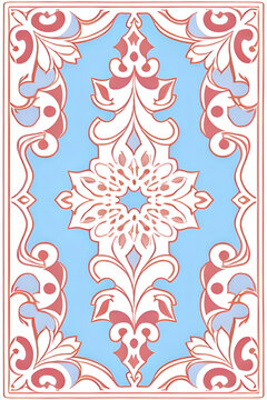 playing card / tarot card reverse side art, card back pattern or stationery / card design - intricate blue, coral, and white flowery ornate pattern