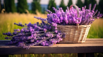 Fototapeta premium Close-up of freshly cut lavender flowers in a wicker basket on a wooden nature background. Summer, Plants, background with copy space