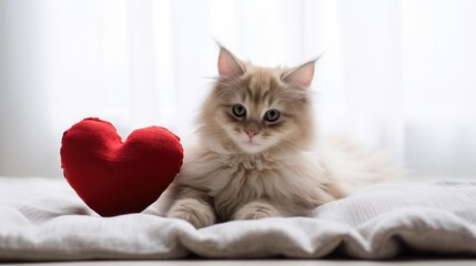Fototapeta na wymiar A cute cat is sitting with a heart-shaped pillow. Valentine's Day greeting card.