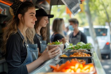 People enjoying outdoor dining as they order tasty food from a bustling food truck counter on a sunny day.