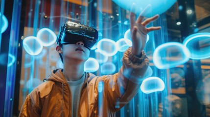 Fototapeta na wymiar Youth Exploring Virtual Worlds with VR Gear