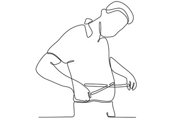 continuous line of man measuring stomach using clothes measuring tool