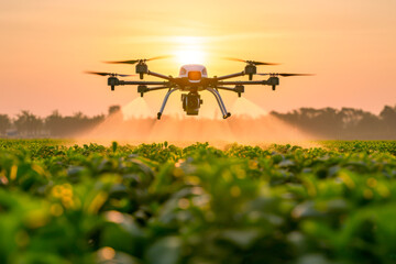 Agriculture drone spraying crops at sunrise in field.
