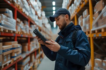 Efficient salesman in a hardware warehouse conducts inventory check using barcode reader, ensuring accurate stock management.