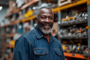 Happy African man explores hardware store, laughing as he picks out repair tools, enjoying DIY projects and home maintenance tasks.