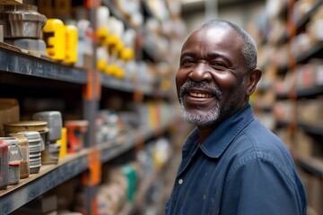 Joyful African middle-aged man browsing tools in hardware warehouse, smiling as he selects repair equipment, concept of DIY and home improvement projects. - obrazy, fototapety, plakaty