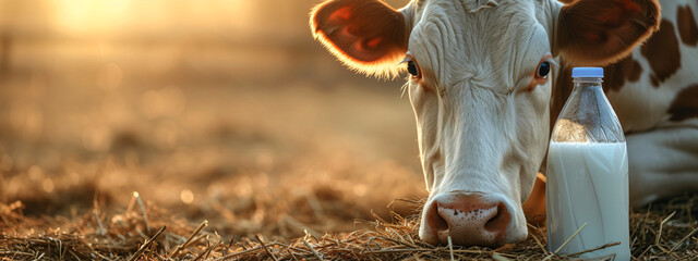 White cow with milk bottle at sunset on hay. Studio animal portrait with natural backlight. Fresh...