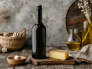 Dark wine bottle with cork, cheese on wooden plank, and oil in glass container. Artisanal food and drink presentation with copy space. Wine tasting and culinary arts concept