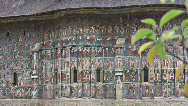 Mural paintings of Sucevita Monastery, famous historical and religious UNESCO heritage in Bukovina, Romania