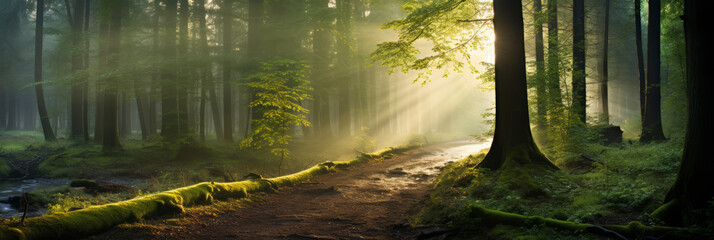 Panoramic view of a foggy morning in a dense forest, with the sun's soft rays filtering through the mist, a mystical and dreamlike ambiance, a sense of mystery and tranquility