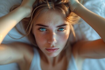 Fototapeta premium Close-up of a woman's face showing signs of a morning headache, illustrating discomfort or pain.
