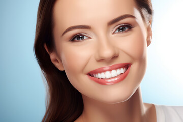 Close-up bright smile of a woman with perfect teeth for advertisement, on a neutral light background