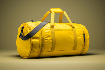 A yellow sports duffle bag, on a neutral studio background