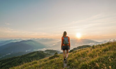 Empowered Woman Trekking on Mountain Summit