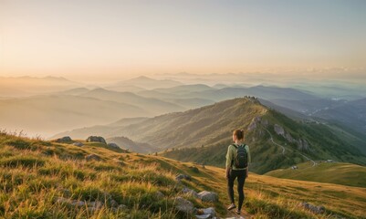 Fototapeta premium Empowered Woman Trekking on Mountain Summit