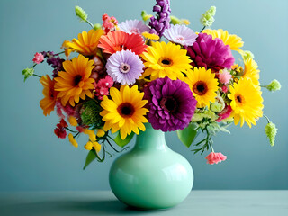 colorful vase with multi colorful flowers on the table