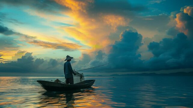 someone fishing in the brave sea. seamless looping time-lapse virtual 4k video Animation Background.