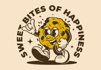 Sweet bites of happiness. Mascot character of a walking cookies in retro style