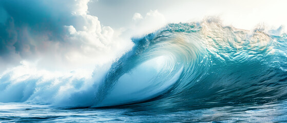 Fototapeta na wymiar Massive ocean wave curling with dramatic light and cloud. 