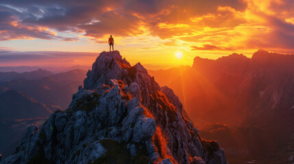 A climber on a high mountain peak at sunrise with amazing light and sky - obrazy, fototapety, plakaty