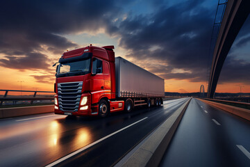 A logistics truck powers down the motorway at dusk, a visual metaphor for the unstoppable drive of AI Generative transport solutions.