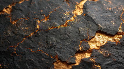 Golden cracks in black texture, conveying luxury and contrast - AI Generative.
