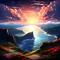 Beautiful anime-style landscape painting of the sun setting in a cloudy starry sky over a bay of craggy sheer cliffs and bluffs over the ocean  - obrazy, fototapety, plakaty