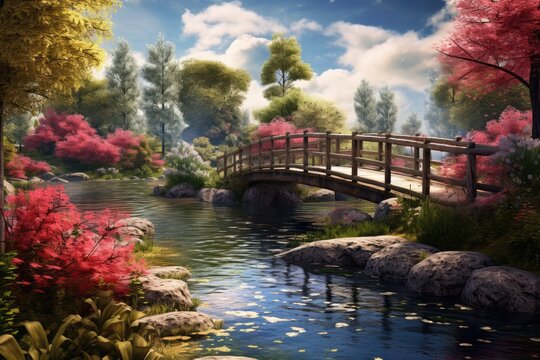 A picturesque frame: arched wooden bridges gracefully spanning spring's waters