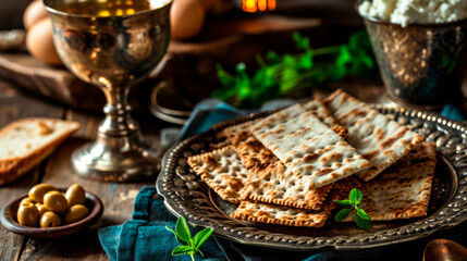 Fototapeta premium Festive Jewish matzo and a glass of wine on the festive table