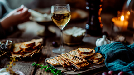 Festive Jewish matzo and a glass of wine on the festive table
