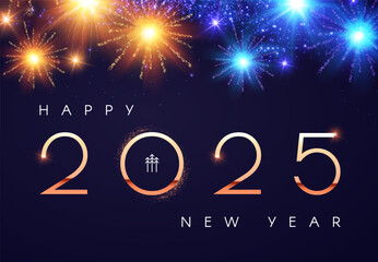 Happy New 2025 Year shining design template with fireworks light effect. Christmas background.