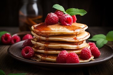 tortillas, pancakes with raspberries, pastries, flour products. nutritious food, snack.