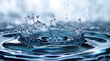 A dynamic close-up of water splashing, capturing the intricate details of droplets mid-air and ripples expanding on the surface.