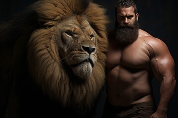 mature bodybuilder and a lion, a joint portrait. people and animals. predator.